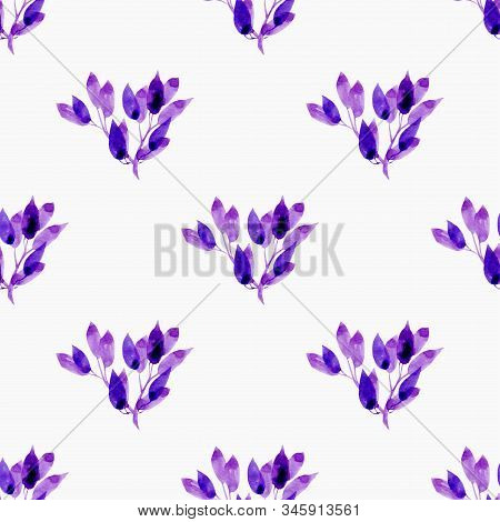 Seamless Watercolor Pattern With Branches Of A Bush Of Purple On A White Background.