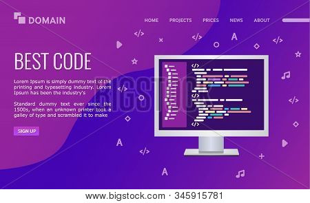 Best Code. Landing Page Design. Personal Computer With Program Code.