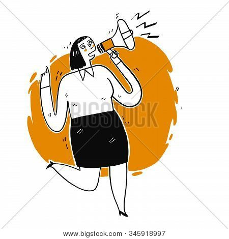 Young Woman Shouting Through Loud Speaker. Hailer Energetic Yelling. Leadership Speech. Vector Illus