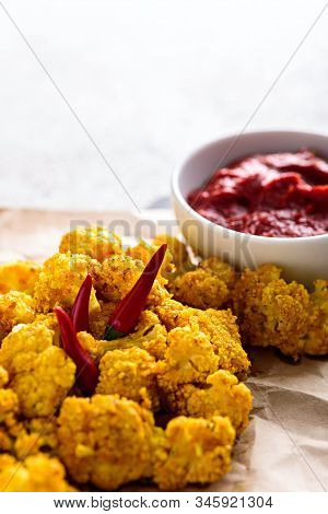Vertical Image Of Vegetarian Cauliflower In Crispy Batter With Tomato Sauce And Chili Pepper On Craf