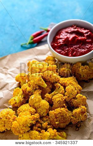 Vertical Image Of Vegetarian Cauliflower In Crispy Batter With Tomato Sauce And Chili Pepper On Craf