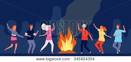 Campfire Dance. People Happy Characters At Night Camping Festival Vector Group Persons. Illustration