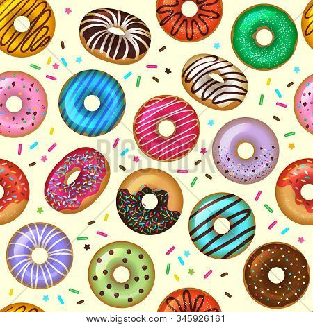 Donuts Pattern. Tasty Bakery Dessert Vector Colored Seamless Background. Illustration Pattern Doughn