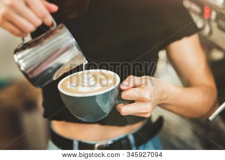Process Of Pouring Whipped Milk To Hot Coffee Drink, Barista Work
