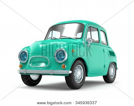 Small And Cute Cartoon Bunchy Retro Car Isolated On White Background. 3d Illustration