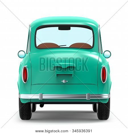Small And Cute Cartoon Bunchy Retro Car, Back View, Isolated On White Background. 3d Illustration
