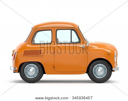Small And Cute Cartoon Bunchy Retro Car, Side View, Isolated On White Background. 3d Illustration