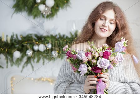 Beautiful Woman With A Bouquet. Ordinary Woman With Flowers