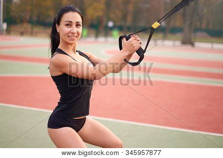 Girl Athlete Training Using Trx Sportground Mixed Race Young Adult Woman Workout Suspension System H