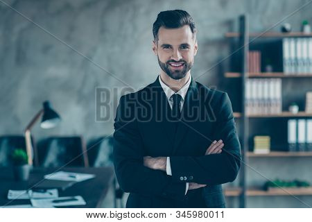 Photo Of Handsome Successful Business Guy Looking Self-confidently Hands Crossed Friendly Chief Corp