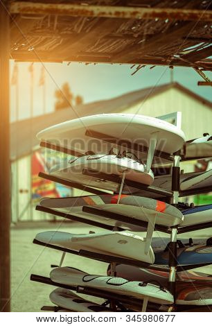Outdoor Mobile Stand With Surf Surfboards And Windsurfing For Beginners In School