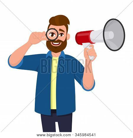 Hipster Young Man Looking Through Magnifying Glass Or Magnifier And Holding Megaphone Or Loudspeaker