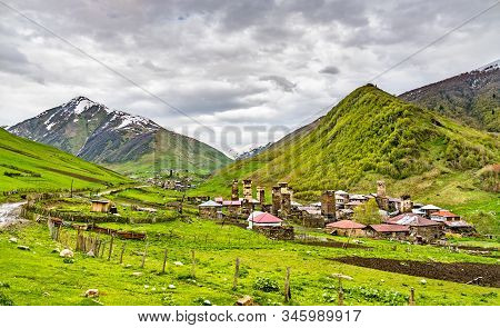 View Of Murkmeli Village With Typical Tower Houses. Upper Svaneti, Georgia