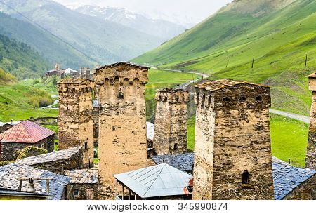 Traditional Svan Towers In Chazhashi. Upper Svaneti, Unesco World Heritage In Georgia