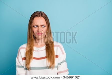 Photo Of Disgusted Woman Looking Into Empty Space Grimacing In Bad Mood From Ugly Odor Isolated Past