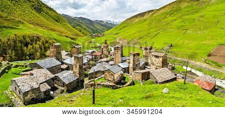 Chazhashi Village With Traditional Svan Towers. Upper Svaneti, Unesco World Heritage In Georgia