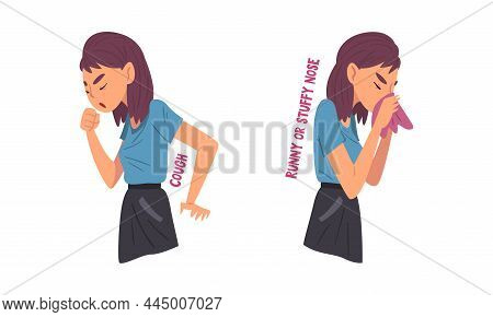 Woman Having Cold Or Flu Symptom With Cough And Runny Nose Vector Set