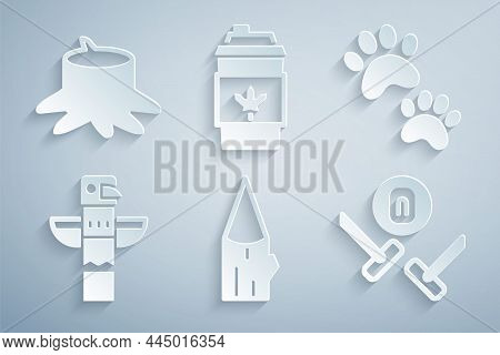 Set Wooden Log, Paw Print, Canadian Totem Pole, Curling Sport Game, Coffee Cup Go And Tree Stump Ico