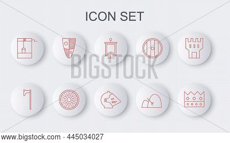 Set Line King Crown, Medieval Axe, Flag, Bale Of Hay And Rake, Well With Bucket, Shield, Old Wooden 