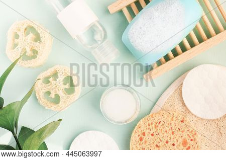 Natural Skincare Cosmetic Products Top View Light Blue Backround, Facial Cleasing Soap Foam Toner Bo