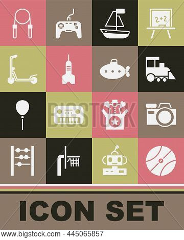 Set Basketball Ball, Photo Camera, Toy Train, Boat, Dart Arrow, Scooter, Jump Rope And Submarine Toy