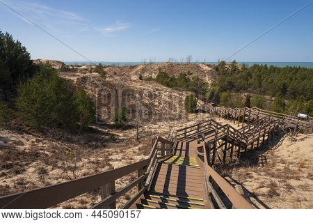 Stairway To The Leading From The Top Of The Dunes In Indiana Dunes National Park In Indiana