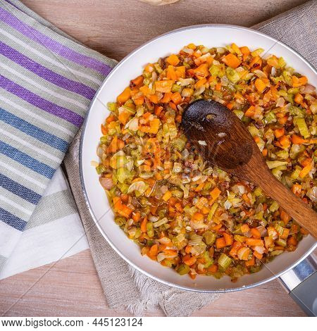 Vegetable Frying For Italian And Spanish Cuisine - Soffritto In A Pan, Top View