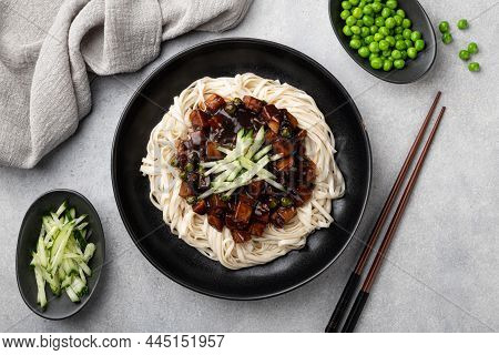 Jajangmyeon, Korean Noodles In Black Bean Sauce, View From Above
