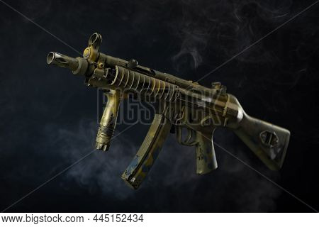 Mp5 Submachine Gun Isolated On A Dark Background In Smoke