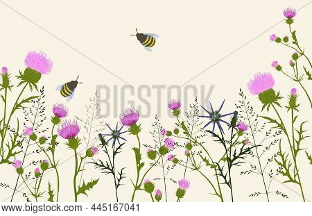 Spring. Flower Meadow Vector Stock Illustration. Botanical Background. Green Pastel Landscape. Thist