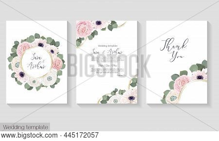 Vector Floral Frame. Pink Roses, White Roses, Rununculus, Anemones, Eucalyptus, Green Plants And Lea