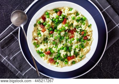 Risi E Bisi, A Classic Italian Comfort Food Of Arborio Rice With Sweet Young Peas And Chunks Of Ham 