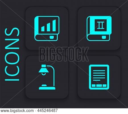 Set E-book Reader, Financial Book, And Table Lamp Icon. Black Square Button. Vector