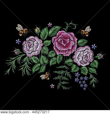 Bee And Flowers Embroidery. Botanical Bedding Silk Stitch Rose With Flying Bees. Insect And Bouquet,