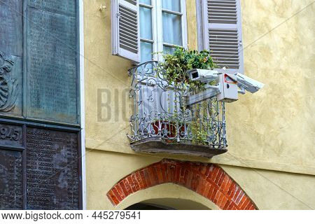 Rivarolo, Italy - 10 December 2021: A Surveillance Camera In The Historic Center Of The City. High Q