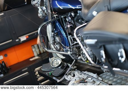 Motorcycle And Parts In The Garage Kitchen, Close-up. Pedal Replacement, Transmission Tuning, Upgrad