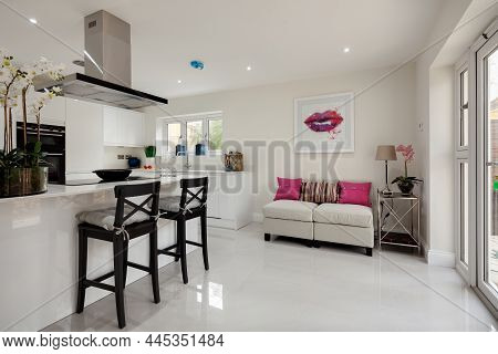 Dry Drayton, Cambridgeshire - October 31 2019: Staged Kitchen Area Within New Home Marketing  Vacant
