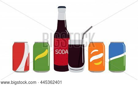 Set Of Soft Drinks In Aluminum Cans And Glass Bottle With Soda. Carbonated Non-alcoholic Water With