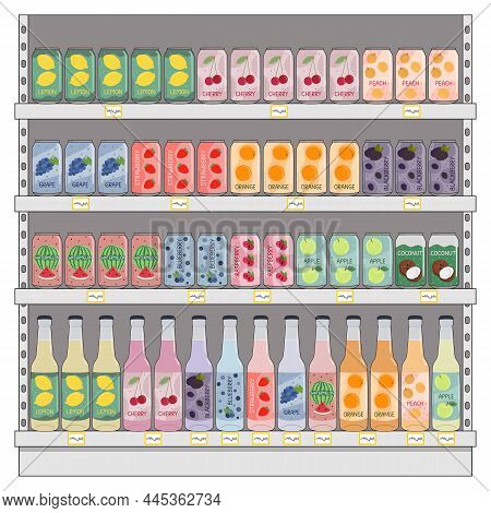 Set Of Soft Drinks In Aluminum Cans And Glass Bottles With Soda And Lemonade On Shelves In Supermark