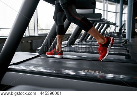 Closeup Photo Of Fit Male Legs In Short Grey Leggings And Red Trainers. Muscular Mans Legs With Tatt