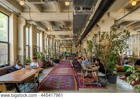 Tbilisi, Georgia - Septenber 2, 2021: Fancy modern coworking freelancers space into an old factory converted into a cultural center in Tbilisi, Georgia. Vintage hostel Fabrika in Tbilisi old town