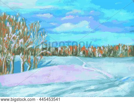 Pastel Vector Drawing Of Winter Landscape With Blue Cloudy Sky, Field And Trees Under First Snow