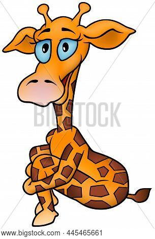 Orange Giraffe With Blue Eyes Sitting On The Ground  And Hugging Her Knees - Cartoon Illustration Is