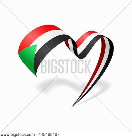 Sudanese Flag Heart Shaped Ribbon. Vector Illustration.