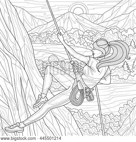 Girl Climber Climbs The Mountain.coloring Book Anti Stress Design For Children And Adults.