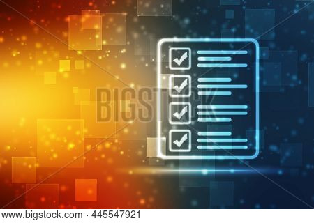 Check Mark On Abstract Blue Backgroud. Quality Control, Guarantee, Checklist, Survey, Compliance Con