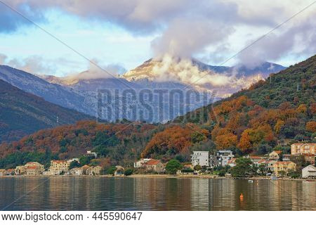 Beautiful Mediterranean Landscape. Montenegro, Adriatic Sea. Winter View Of Coast Of Kotor  Bay Near