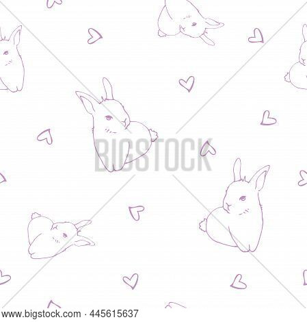 Seamless Vector Pattern With Cute Bunnies Hand-drawn Style, Sweet And Romantic