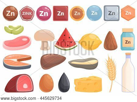 Zinc Icons Set Cartoon Vector. Mineral Suplement. Vitamin Food