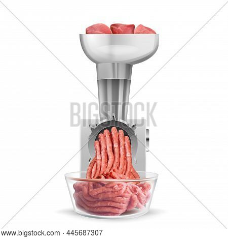 Forcemeat Preparation Process With Electric Meat Grinder And Bowl Front View Realistic Vector Illust